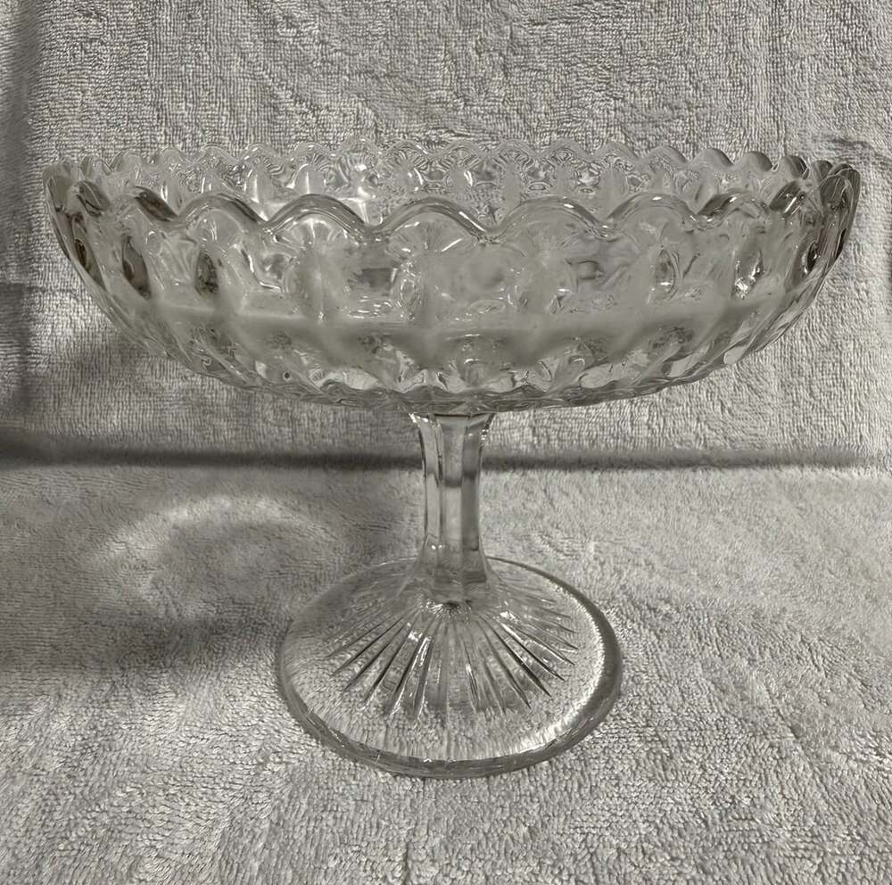 Vintage Clear Glass Diamond Point Pedestal Bowl 8 In